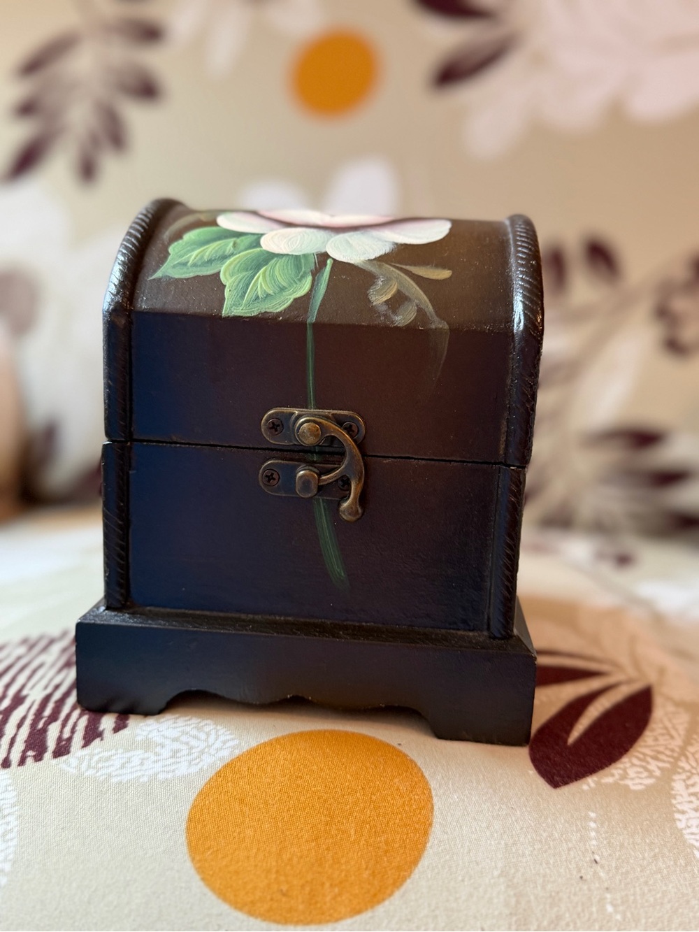 Hand-Painted Small Wood Jewelry Box with Flower